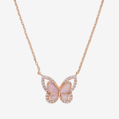 Sparkle Allure Halo Mother Of Pearl Cultured Freshwater Pearl 18K Rose Gold Over Brass 16 Inch Link Butterfly Pendant Necklace
