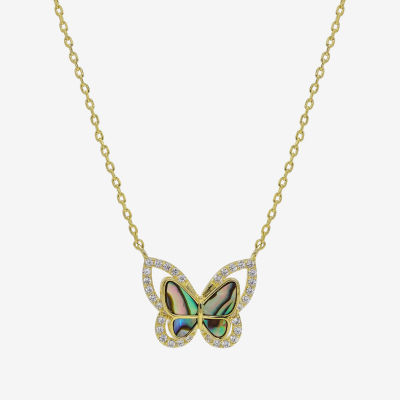 Sparkle Allure Halo Womens Green Mother Of Pearl Cultured Freshwater Pearl 14K Gold Over Brass Butterfly 16 Inch Pendant Necklace