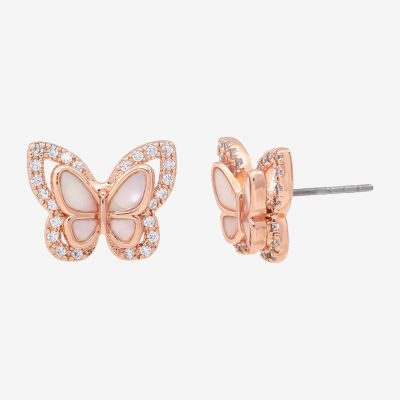 Sparkle Allure Mother Of Pearl Cultured Freshwater Pearl 18K Rose Gold Over Brass 13mm Butterfly Stud Earrings