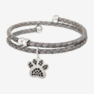 Sparkle Allure Grey Leather Paw Coil Cubic Zirconia Pure Silver Over Brass 7.5 Inch Braid Wrap Bracelet