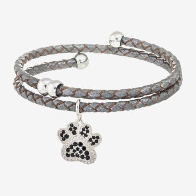 Sparkle Allure Grey Leather Paw Coil Womens Black Cubic Zirconia Pure Silver Over Brass Wrap Bracelet