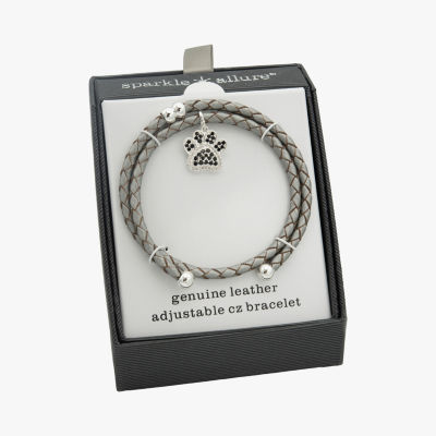 Sparkle Allure Grey Leather Paw Coil Cubic Zirconia Pure Silver Over Brass 7.5 Inch Braid Wrap Bracelet