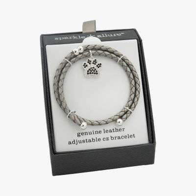 Sparkle Allure Grey Leather Paw Coil Womens Black Cubic Zirconia Pure Silver Over Brass Wrap Bracelet