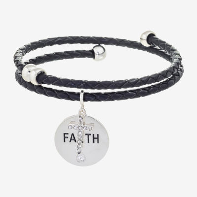 Sparkle Allure Black Leather Faith Coil Crystal Pure Silver Over Brass 7.5 Inch Braid Cross Wrap Bracelet