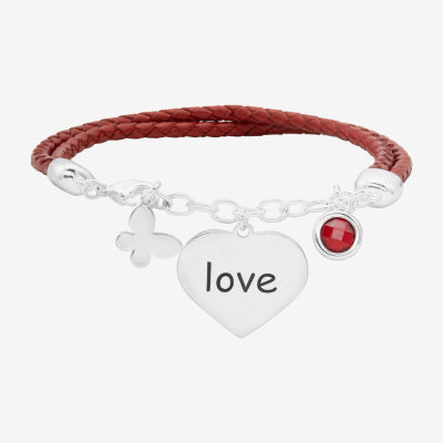 Sparkle Allure Red Leather Love Crystal Pure Silver Over Brass 7.5 Inch Braid Butterfly Heart Charm Bracelet