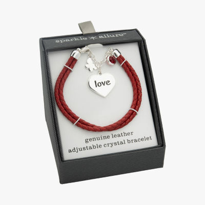 Sparkle Allure Red Leather Love Red Crystal Silver Tone Pure Silver Over Brass Butterfly Heart Charm Bracelet