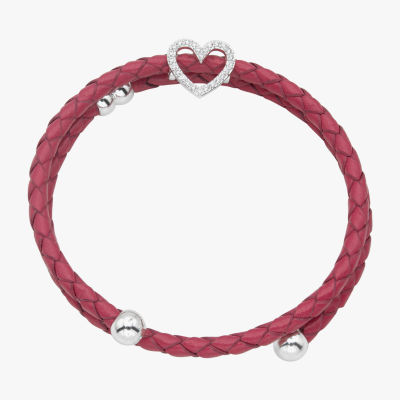 Sparkle Allure Pink Leather Coil Cubic Zirconia Pure Silver Over Brass Braid Heart Wrap Bracelet
