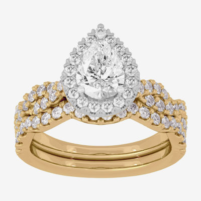 (H-I / Si1-Si2) Womens 1 7/8 CT. T.W. Lab Grown White Diamond 10K White Gold Pear Side Stone Halo Bridal Set