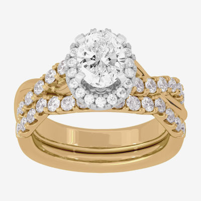 Signature By Modern Bride (H-I / Si1-Si2) Womens 2 CT. T.W. Lab Grown White Diamond 10K White Gold Oval Side Stone Halo Bridal Set