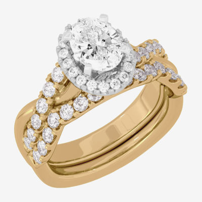 Signature By Modern Bride (H-I / Si1-Si2) Womens 2 CT. T.W. Lab Grown White Diamond 10K White Gold Oval Side Stone Halo Bridal Set