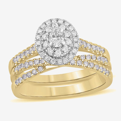 Womens 5/8 CT. T.W. Natural White Diamond 10K White Gold Oval Side Stone Halo Bridal Set