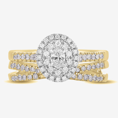 Womens 5/8 CT. T.W. Natural White Diamond 10K White Gold Oval Side Stone Halo Bridal Set