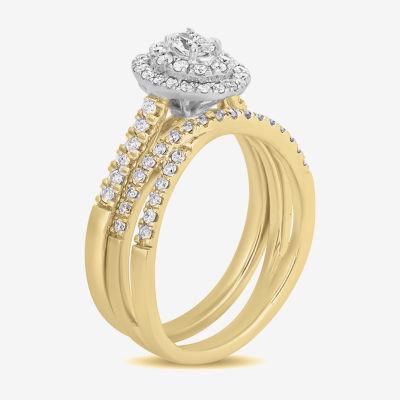 Womens 5/8 CT. T.W. Natural White Diamond 10K White Gold Oval Side Stone Halo Bridal Set