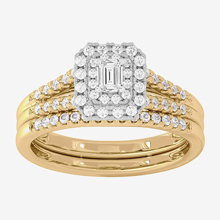 Modern Bride Womens 1/2 Ct. T.w. Natural White Diamond 10k White Gold Side Stone Halo Bridal Set In Gold