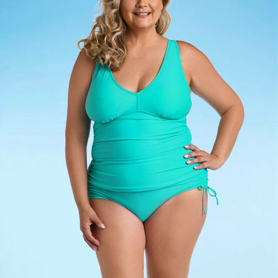 Swim Solutions Plus Size Printed Shirred Neck Blouson Tankini Swim