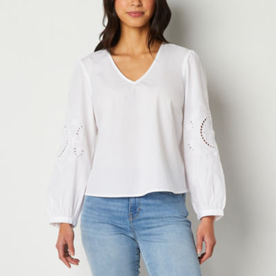 a.n.a Womens V Neck Long Sleeve Embroidered Blouse, Color White JCPenney