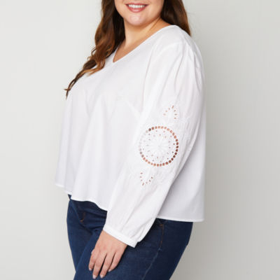 a.n.a Plus Womens V Neck Long Sleeve Embroidered Blouse