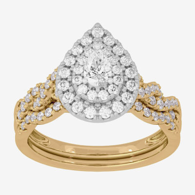 (H-I / Si1-Si2) Womens 3/4 CT. T.W. Lab Grown White Diamond 10K White Gold Pear Side Stone Halo Bridal Set