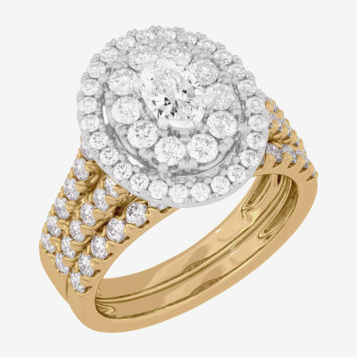 Signature By Modern Bride (H-I / Si1-Si2) Womens 2 CT. T.W. Lab Grown White Diamond 10K White Gold Oval Side Stone Halo Bridal Set