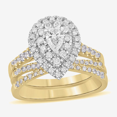 (H-I / Si1-Si2) Womens 1 CT. T.W. Lab Grown White Diamond 10K White Gold Pear Side Stone Halo Bridal Set