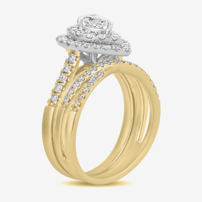 (H-I / Si1-Si2) Womens 1 CT. T.W. Lab Grown White Diamond 10K White Gold Pear Side Stone Halo Bridal Set