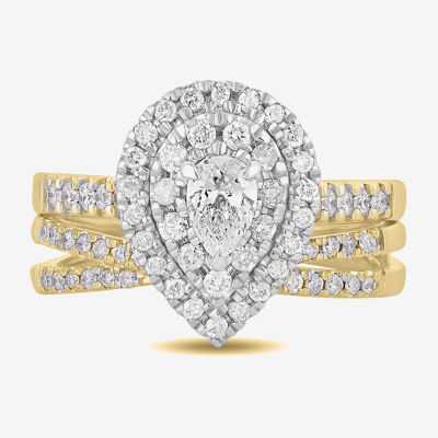 (H-I / Si1-Si2) Womens 1 CT. T.W. Lab Grown White Diamond 10K White Gold Pear Side Stone Halo Bridal Set