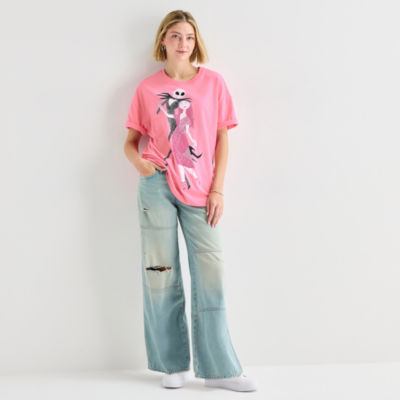 Womens Juniors Crew Neck Short Sleeve Oversized Nightmare Before Christmas Graphic T-Shirt