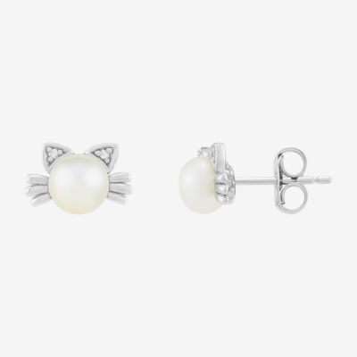 Limited Quantities! Cat White Cultured Freshwater Pearl Sterling Silver 7.2mm Stud Earrings