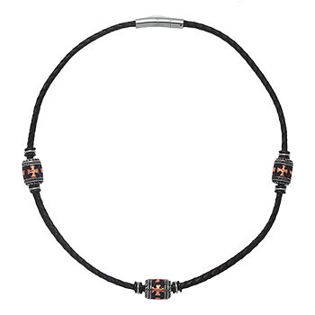 Mens Steel & Leather Necklace, Color: Two Tone
