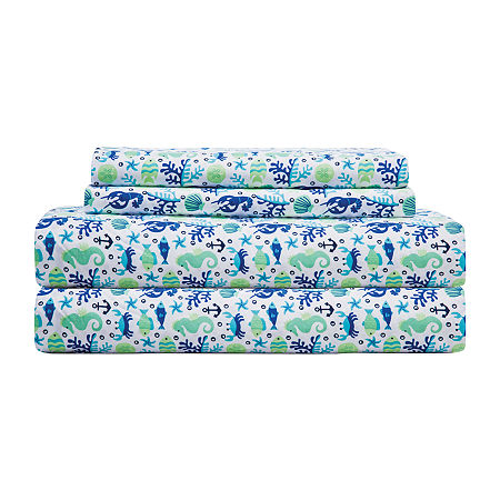 Beatrice Home Fashions Coastal Print Sheet Set, One Size, Blue