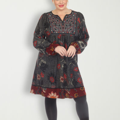 White Mark Womens Plus Long Sleeve Embroidered Paisley Sweater Dress