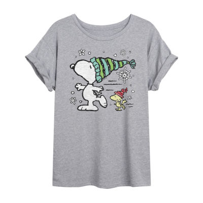 Peanuts Snoopy And Woodstock Skating Tee Womens Juniors Scoop Neck Short Sleeve Oversized Peanuts Snoopy Graphic T-Shirt