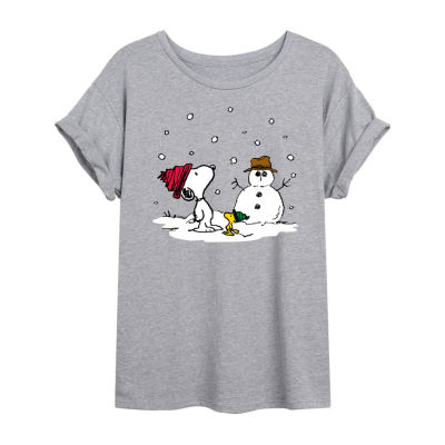 Juniors Peanuts Snoopy And Woodstock Snowman Tee Womens Scoop Neck ...