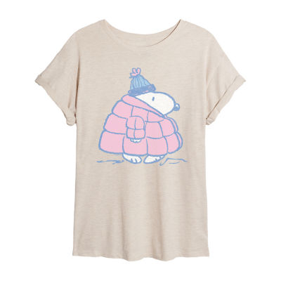 Peanuts Snoopy Coat Tee Womens Juniors Scoop Neck Short Sleeve Oversized Peanuts Snoopy Graphic T-Shirt