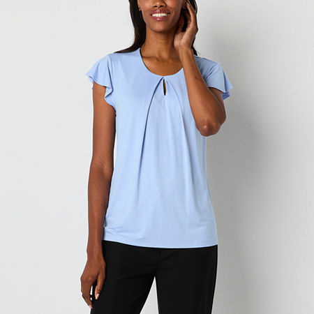 Liz Claiborne Womens Round Neck Short Sleeve Adaptive Blouse, Petite Large, Blue