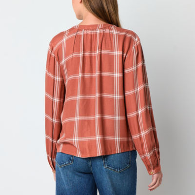 a.n.a Plaid Womens Split Crew Neck Balloon Long Sleeve Regular Fit Button-Down Shirt