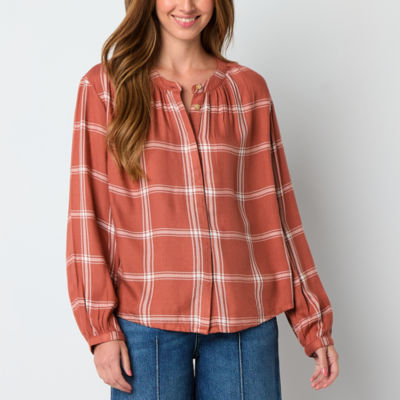 a.n.a Plaid Womens Split Crew Neck Balloon Long Sleeve Regular Fit Button-Down Shirt