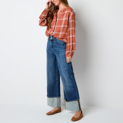 a.n.a Plaid Womens Split Crew Neck Balloon Long Sleeve Regular Fit Button-Down Shirt