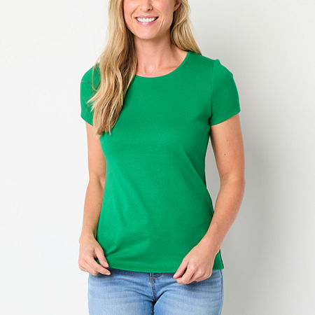 St. John's Bay Womens Crew Neck Short Sleeve T-Shirt, Petite Medium, Green