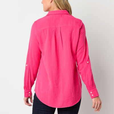 St. John's Bay Womens Long Sleeve Roll Tab Sleeve Regular Fit Button-Down Shirt