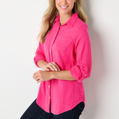 St. John's Bay Womens Long Sleeve Roll Tab Sleeve Regular Fit Button-Down Shirt