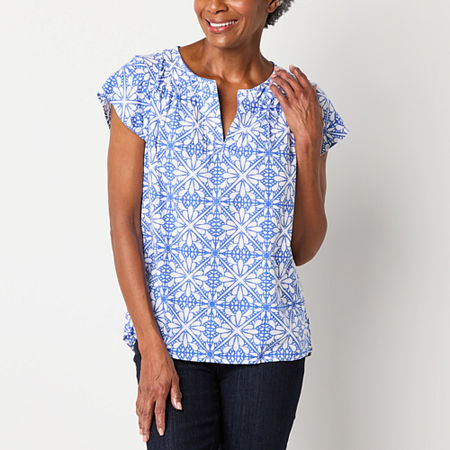 St. John's Bay Womens Split Crew Neck Short Sleeve Blouse, Petite Small, Blue