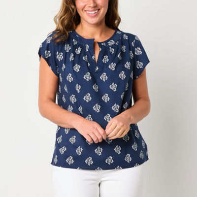 St. John's Bay Womens Split Crew Neck Short Sleeve Blouse
