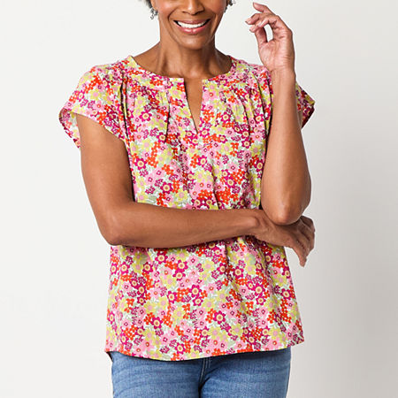St. John's Bay Womens Split Crew Neck Short Sleeve Blouse, Medium, Pink