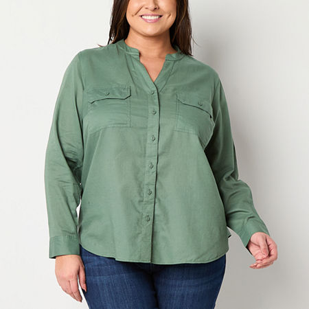 St. John's Bay Plus Womens Long Sleeve Adaptive Regular Fit Hidden Access Opening Button-Down Shirt