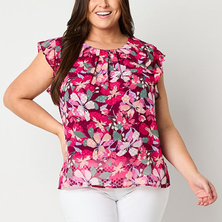 Liz Claiborne Plus Womens Round Neck Short Sleeve Blouse, 1x, Red