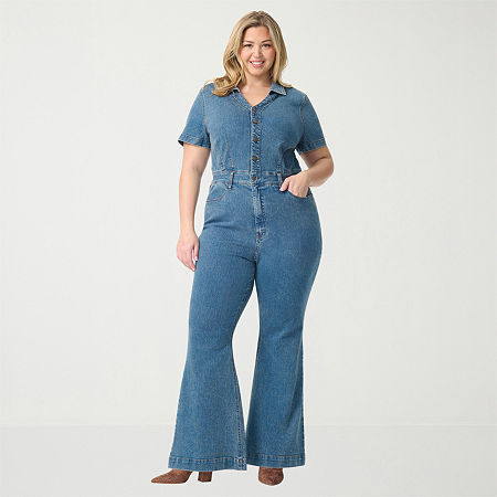JS Jessica Simpson Womens V Neck Short Sleeve Plus Jumpsuit, 3x, Blue