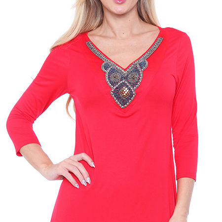 White Mark Luna Womens V Neck 3/4 Sleeve Tunic Top, Small, Red