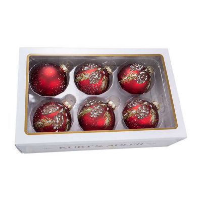 Kurt Adler 80MM Glass Red With Pinecone Design Ball Ornaments 6 Piece Box Set