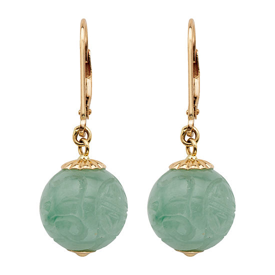 Genuine Green Jade 10K Gold Ball Drop Earrings